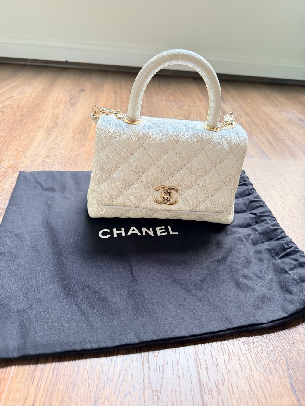 Chanel 20k Iridescent Ivory
Quilted Caviar Extra Mini Coco
Handle Flap Bag